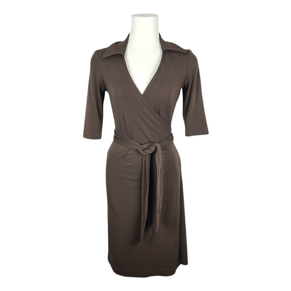 BEDO Brown 3/4 Sleeve Wrap Dress with Collar Small